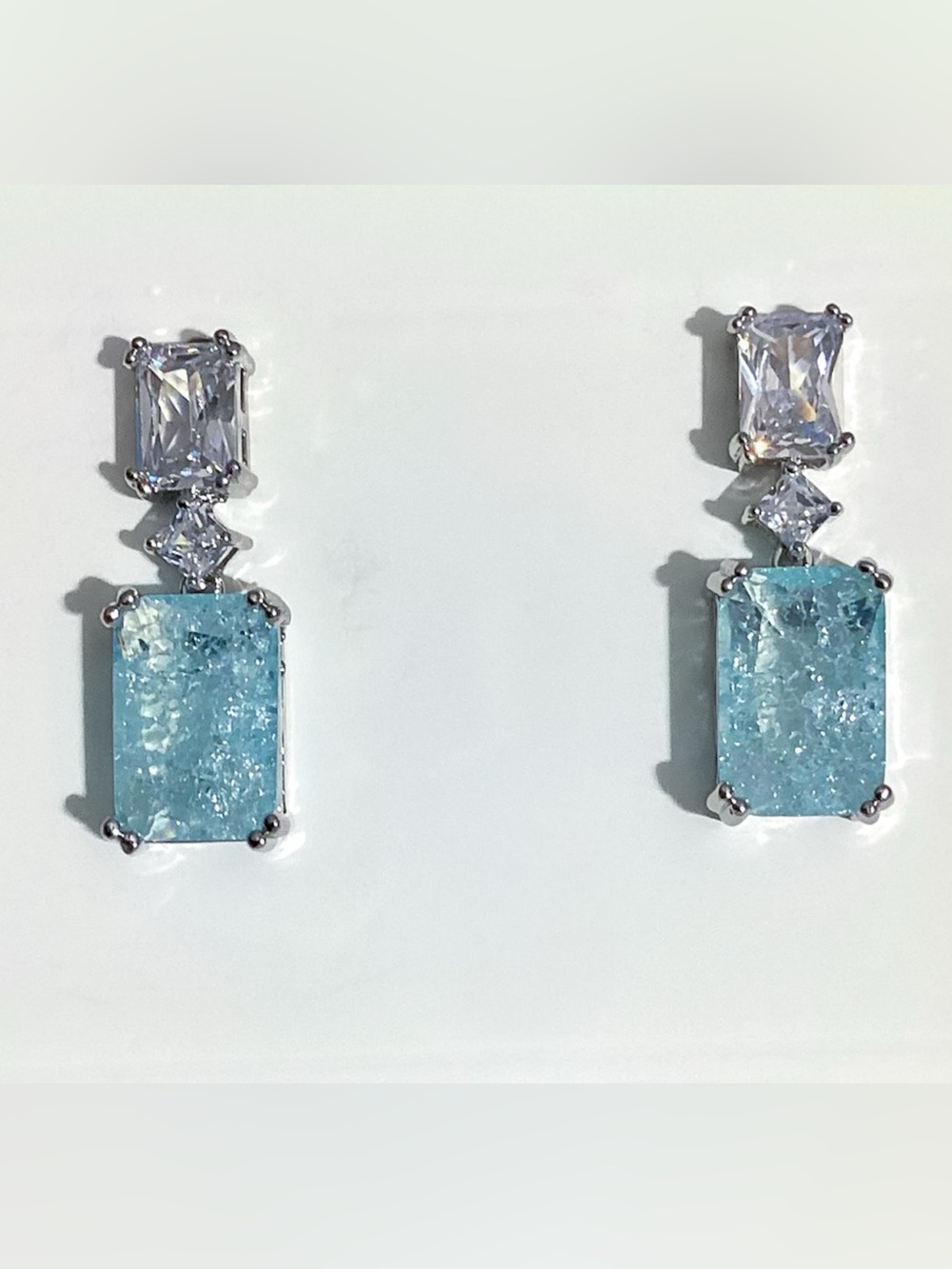 Crushed Aquamarine & Radiant Cut Cz Diamond Drop Earrings